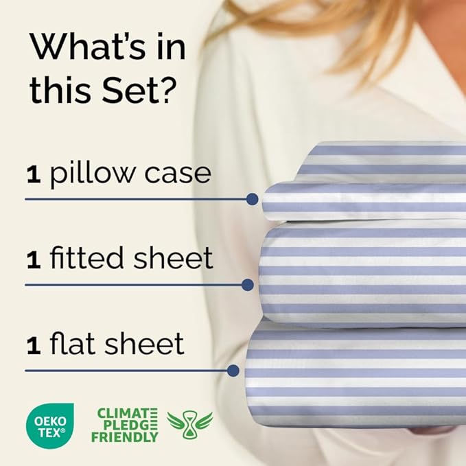 Sky Blue and White Striped Sheets - 1 Flat & 1 Fitted Sheet & 1 Pillowcase w/ Deep Pockets - Comfy, Wrinkle & Fade Resistant - Soft, Breathable & Cooling - Pinstripe Patterned Bedding - Twin Size