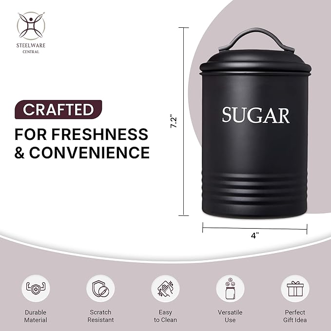 Steelware Central Black Kitchen Canister Set of 3 - Airtight Food Storage Containers with Lids for Sugar, Coffee & Tea, Stainless Steel Countertop Decorative Jar Set