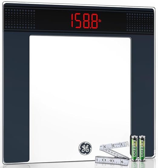 GE Bathroom Scale for Body Weight: Highly Accurate Digital Scale Weighing Machine with Clear Tempered Glass, 11.8" Large Platform, Compact Design, LED Display, 400 lbs, 4 Units, with Body Tape Measure