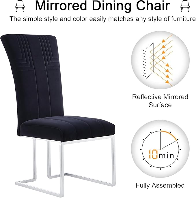 AUZ Dining Chairs Set of 10, Black and Silver Dining Chair with Velvet Upholstery and Mirrored Silver Sled Legs