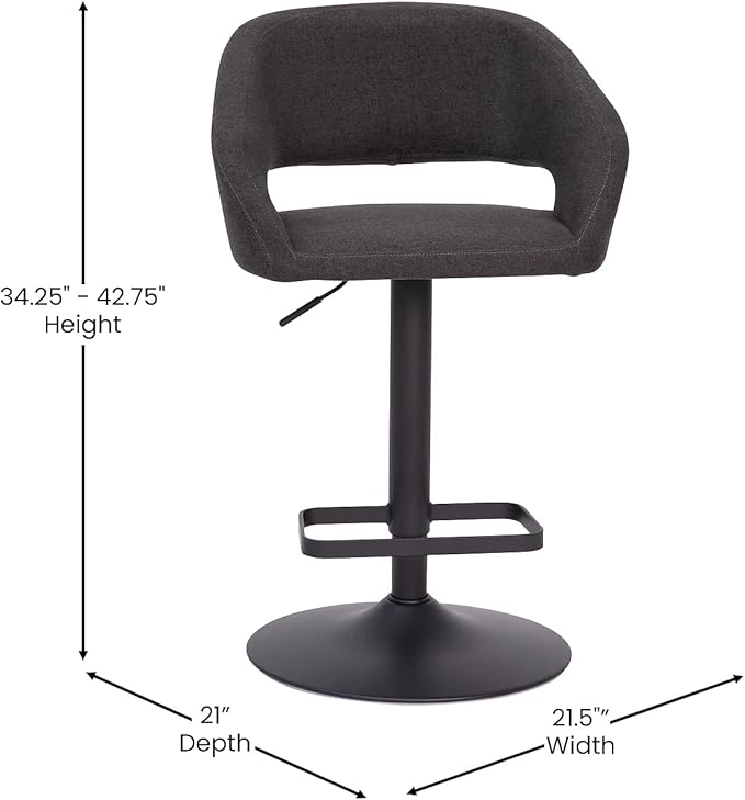 Flash Furniture Erik Comfortable & Stylish Contemporary Barstool with Rounded Mid-Back and Foot Rest, Adjustable Height - Charcoal Fabric with Black Base