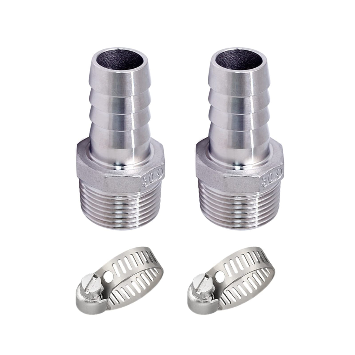 Pysrych Stainless Steel 304 Hose Barb Fitting, 1-1/4" Barbed x 1-1/4" NPT Male Straight Adapter Connector with 2 Hose Clamps, Pack of 2
