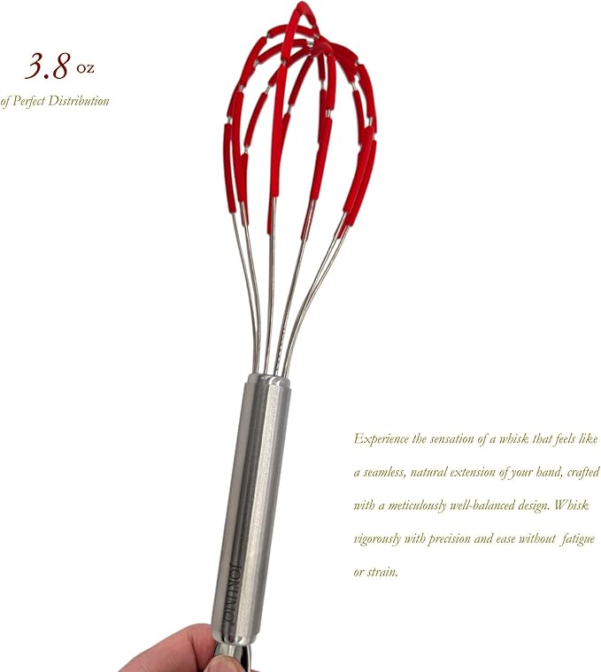 JOKUMO Balloon Silicone Egg Whisk with Spatula Scraper Wires, 18/10 Stainless Steel, Non-Stick Pan Safe, Ergonomic Tube Handle Perfect for Blending, Whisking, Beating and Stirring, 11 inch (Red)