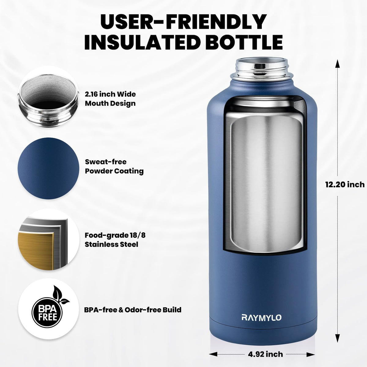 RAYMYLO Insulated Water Bottle 87 oz, Triple Wall Vacuum Stainless Steel (Cold for 48 Hrs), Leak Proof & Non-BPA, Modern Water Flask Jug with Paracord Handle & Straw Spout Lids, Navy Blue
