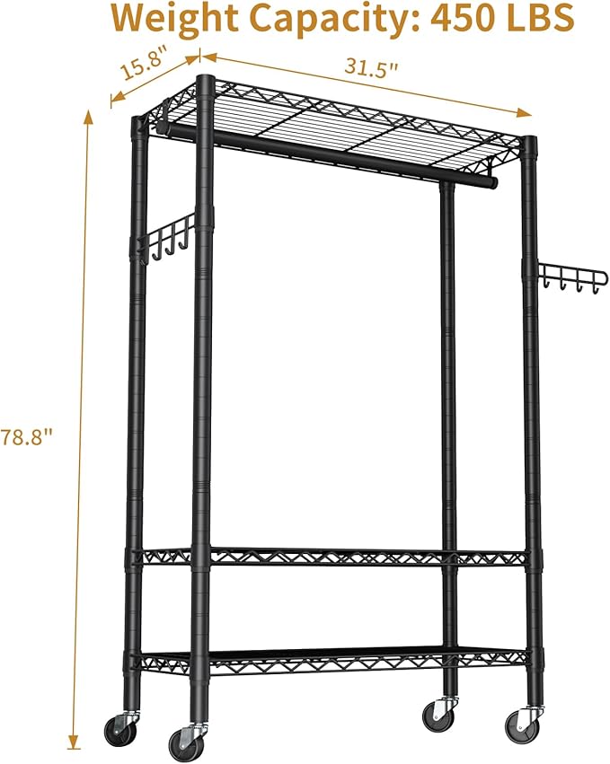 Heavy Duty Clothes Rack Rolling Garment Rack,3 Tier Adjustable Wire Shelving Clothing Racks for Hanging Clothes with Hanger Rod&Side Hooks,Freestanding Wardrobe Storage Rack Metal Portable Closet