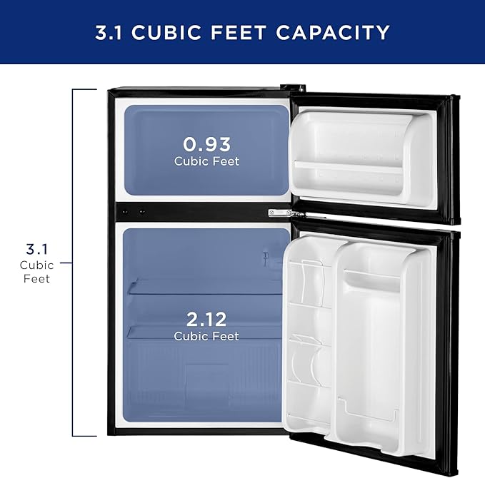 GE Double-Door Mini Fridge, Freestanding Compact Refrigerator with Freezer, 3.1 Cu Ft, Black, GDE03GGKBB
