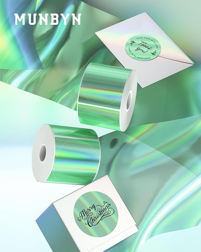 MUNBYN 2" Circle Holographic Thermal Label Stickers Green, Round Printable Rainbow Glitter Thermal Printer Sticker Labels for Gift Wrapping, Self-Adhesive Name Price Tag DIY Custom Logo Design