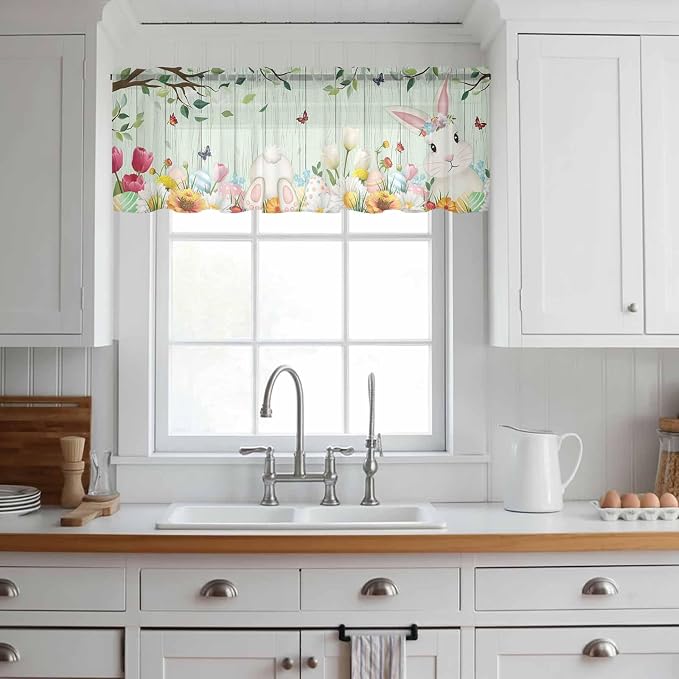 Easter Sheer Valances for Windows 54"x18", Light Filtering Kitchen Curtains
