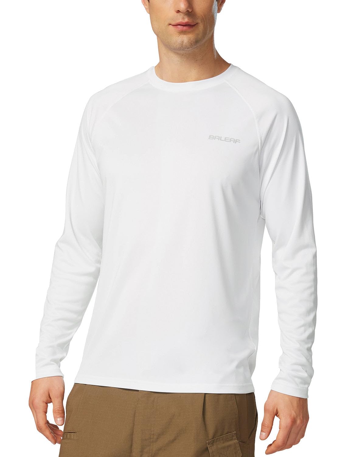 baleaf Mens UPF 50+ Sun Protection Shirts Long Sleeve Rash Guard, Quick Dry 4-Way Stretch for Fishing Swimming Surfing 01-White L