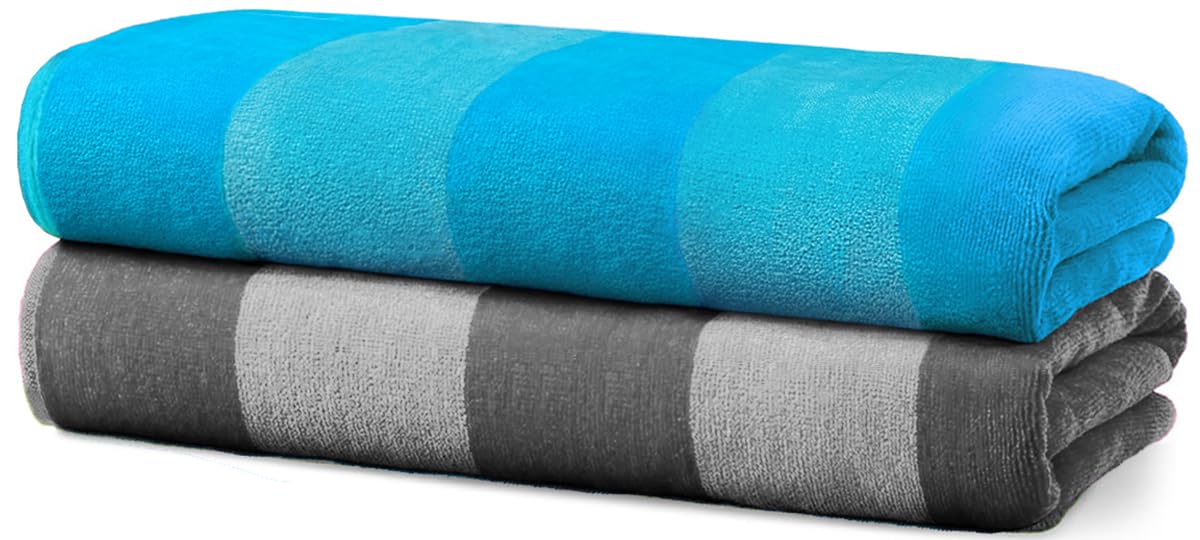 KAUFMAN - Velour Multi-Color Cabana Striped Beach Towels | 100% Cotton Beach Towel Pack 30" x 60" | Absorbent, Quick-Drying Pool Towels for Adults (2 Pack)