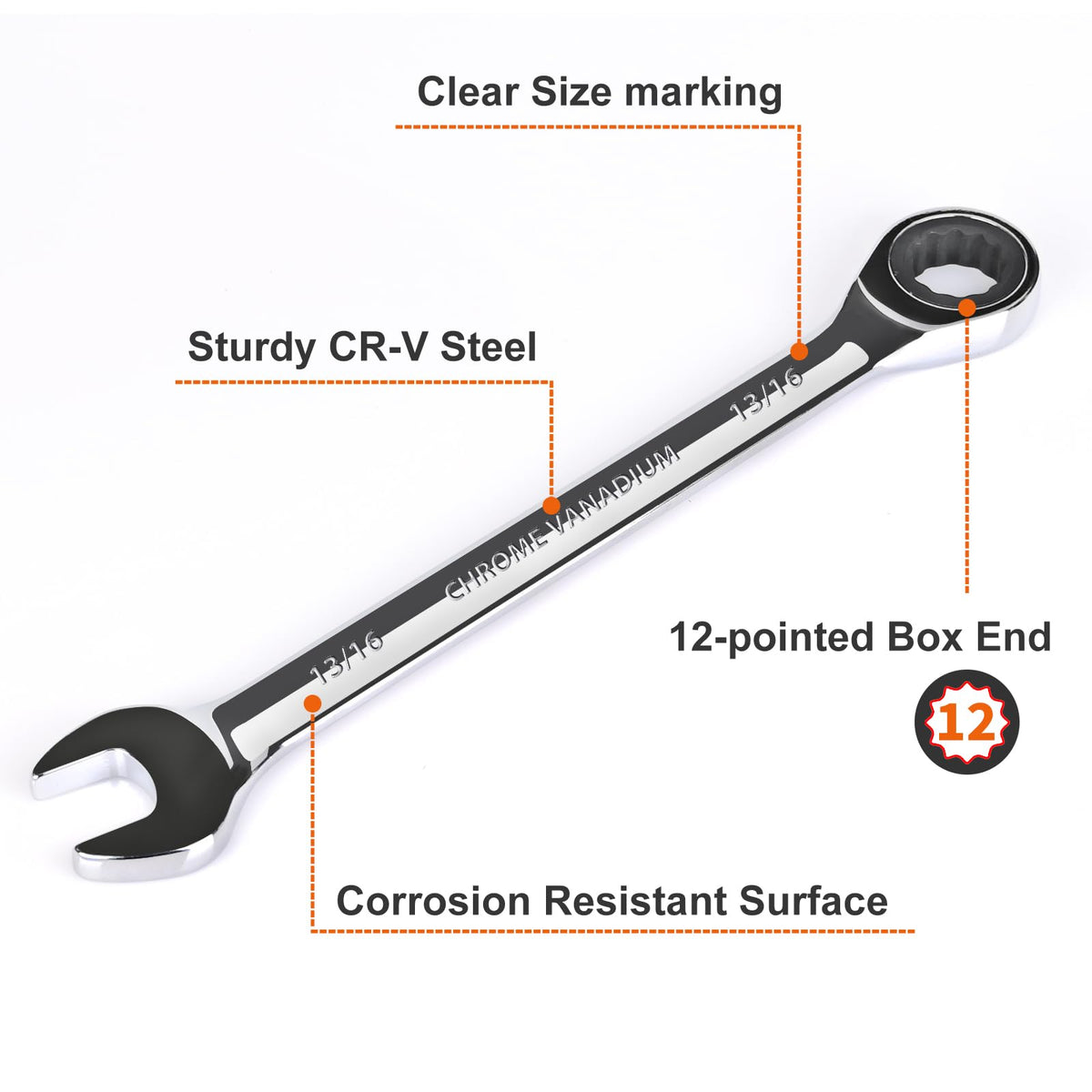 Egofine 13/16 inch Ratcheting Combination Wrench SAE, Industrial Grade Gear Spanner with 12-Point Design, 72-Tooth Ratchet, Chrome Vanadium Steel