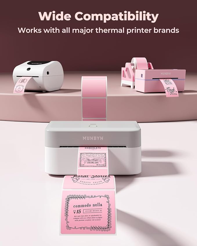 MUNBYN 2"x2" Square Thermal Labels, Compatible with Multiple Thermal Printers, Strong Adhesive, White Address Labels for Barcode, 750 Sheets/Roll, Pink