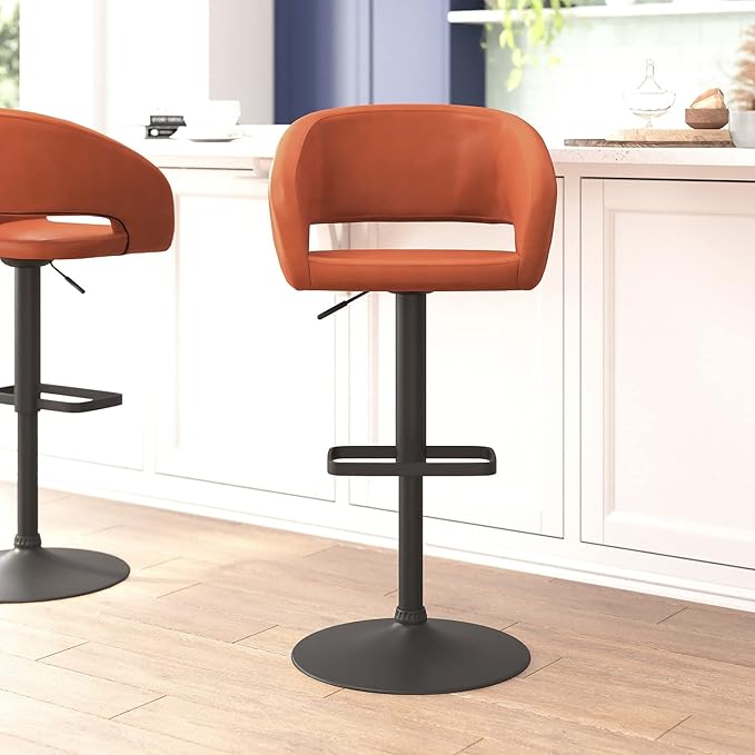 Flash Furniture Erik Comfortable & Stylish Contemporary Barstool with Rounded Mid-Back and Foot Rest, Adjustable Height - Cognac Vinyl with Black Base