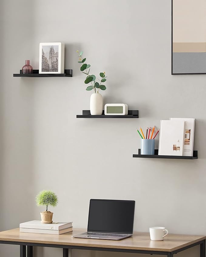 SONGMICS Floating Shelves, Set of 3 Wall Shelves, 15-Inch Wide, for Photo Frames and Trinkets, for Living Room, Home Office, Kitchen, Bathroom, Black ULWS38BK