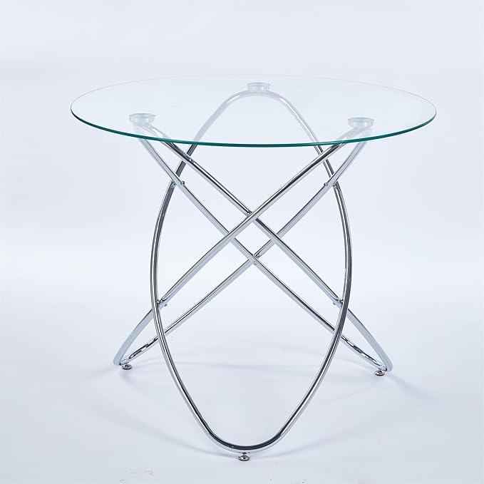35.4" Round Dining Table for 4, Modern Clear Glass Kitchen Table for 4 with Chrome Metal Legs, Compact Small Circle Dining Room Leisure Tables for Kitchen Apartment