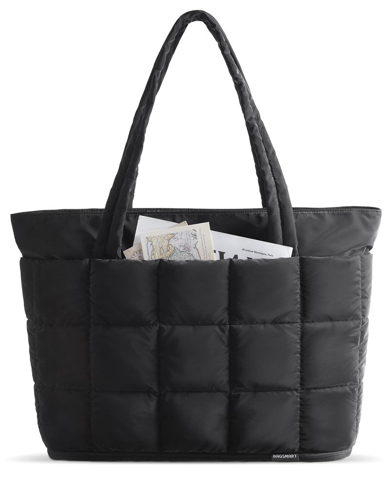BAGSMART Expandable Tote Bag for Women, Puffer Work Tote Handbag, Quilted Carry On Bag for Travel Gym, Black, Large