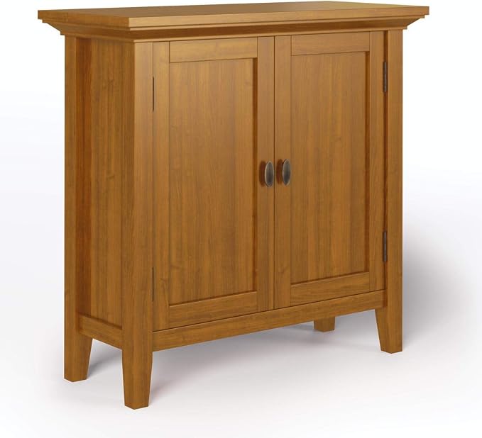 SIMPLIHOME Redmond Storage Cabinet - 32 inch Wide Solid Wood 2-Shelf Low Storage Cabinet in Light Golden Brown, Transitional Accent Cabinet for Entryway with Adjustable Shelves and Tapered Legs