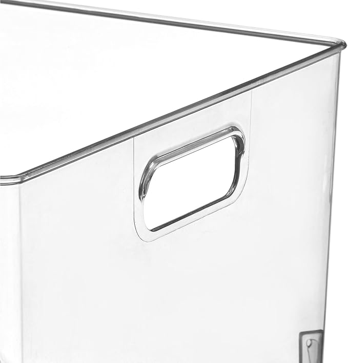 mDesign Plastic Stackable Bin Storage Organizer Basket Container with Handle for Home Office, Kitchen Cabinet, Pantry Shelf Organization - Holds Notebook, Books, Food - Ligne Collection, 4 Pack, Clear