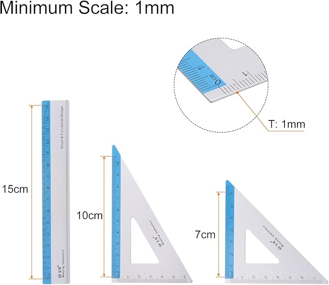 HARFINGTON 4pcs Geometry Set 15cm Metric Measure Ink Printing Aluminum Ruler Metal Ruler Set Triangle Protractor Ruler Tool Set for Classroom, Office, Home, Blue