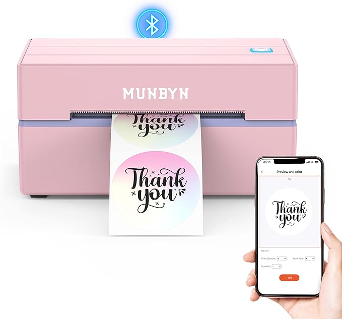MUNBYN 130B Bluetooth Thermal Label Printer+2 Inch Round Thermal Labels+Pink Label Holder