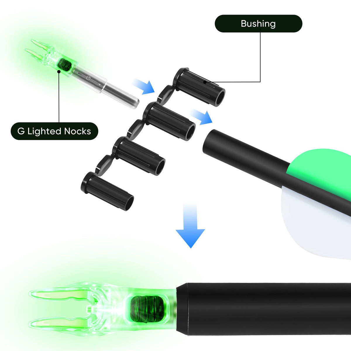 KEAUP 6/12 Pack G Lighted Nocks for Arrows with .165 .204 .233 .244 .246 Inside Diameter with X, H, S, GT Bushings High-Visibility LED Arrow Nocks, ON/Off Switch Included