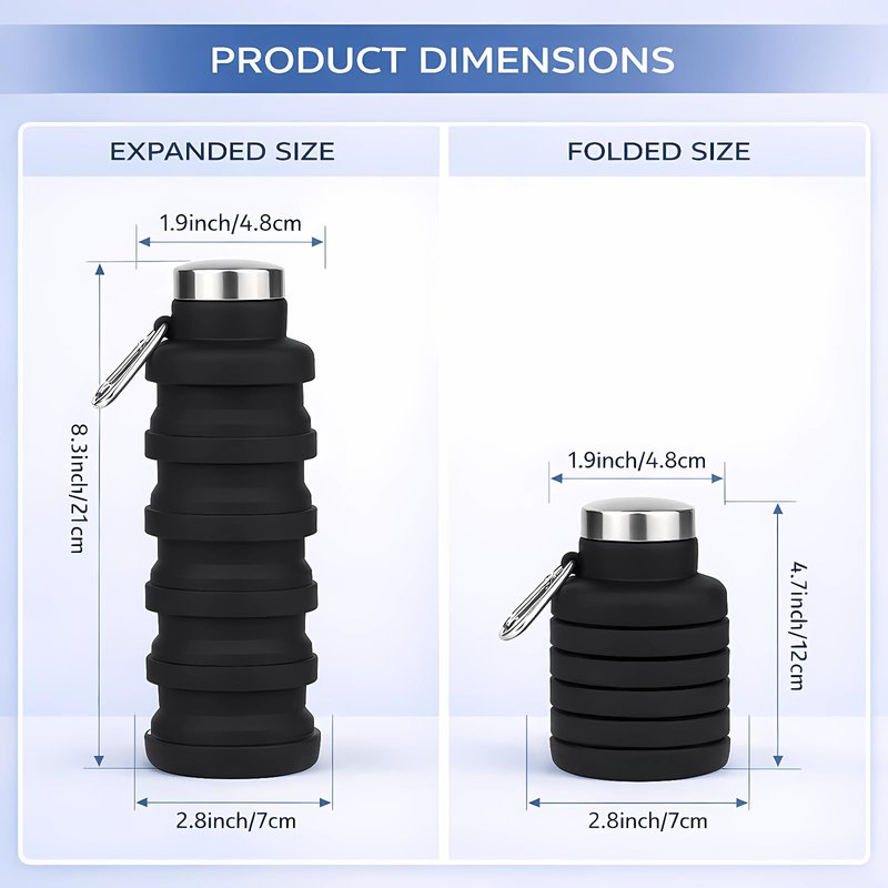 Collapsible Water Bottles,16oz Capacity Portable Reusable Silicone Water Bottle,Leak-proof,with buckle,foldable storage,Lightweight Durable for Fitness,Cycling,Sports,Camping,Hiking，Deep Black