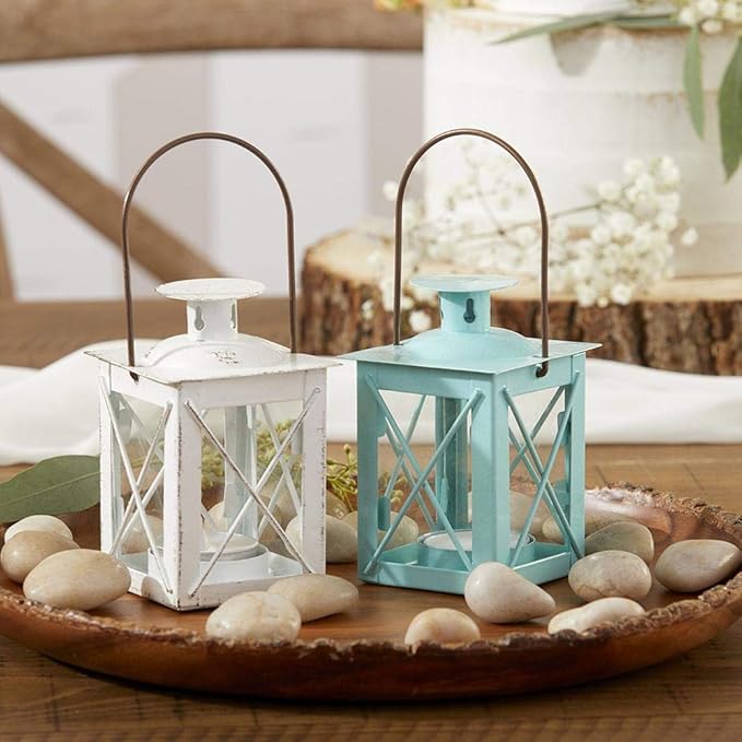 Kate Aspen Decorative Lanterns - Set of 24 - Luminous Metal Lantern Tealight Candle Holders for Wedding, Home Decor and Party - 4.5" H (6.5" H with Handle) – Blue