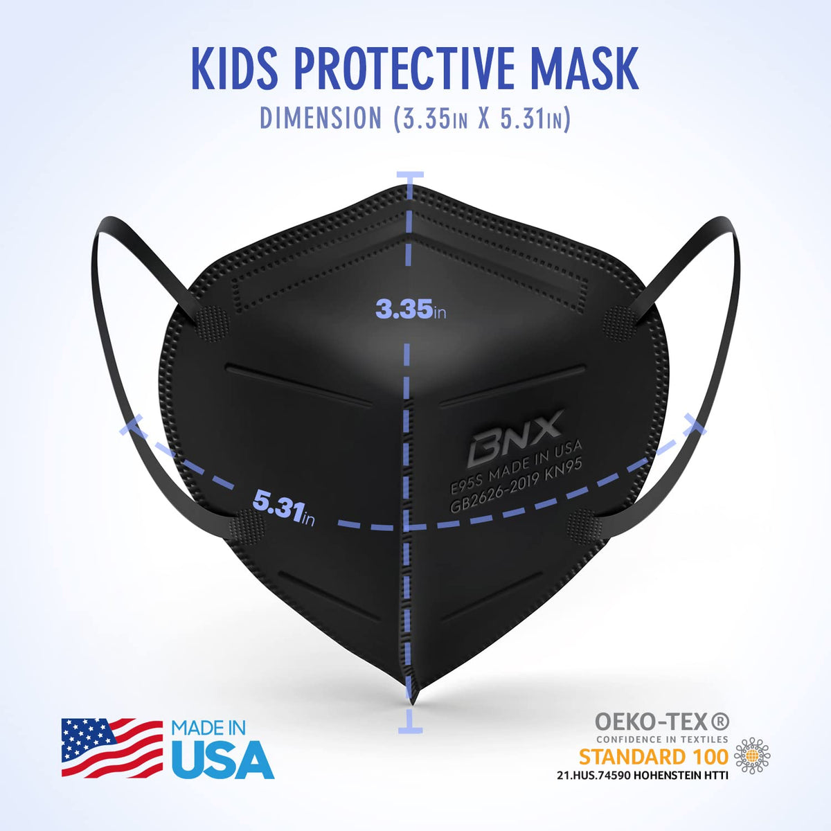 BNX 20-Pack Kids KN95 Face Mask, Disposable Particulate KN95 Mask Made in USA, Protection Against Dust, Pollen and Haze (20 Pack) (Earloop) (Model: E95S) Black