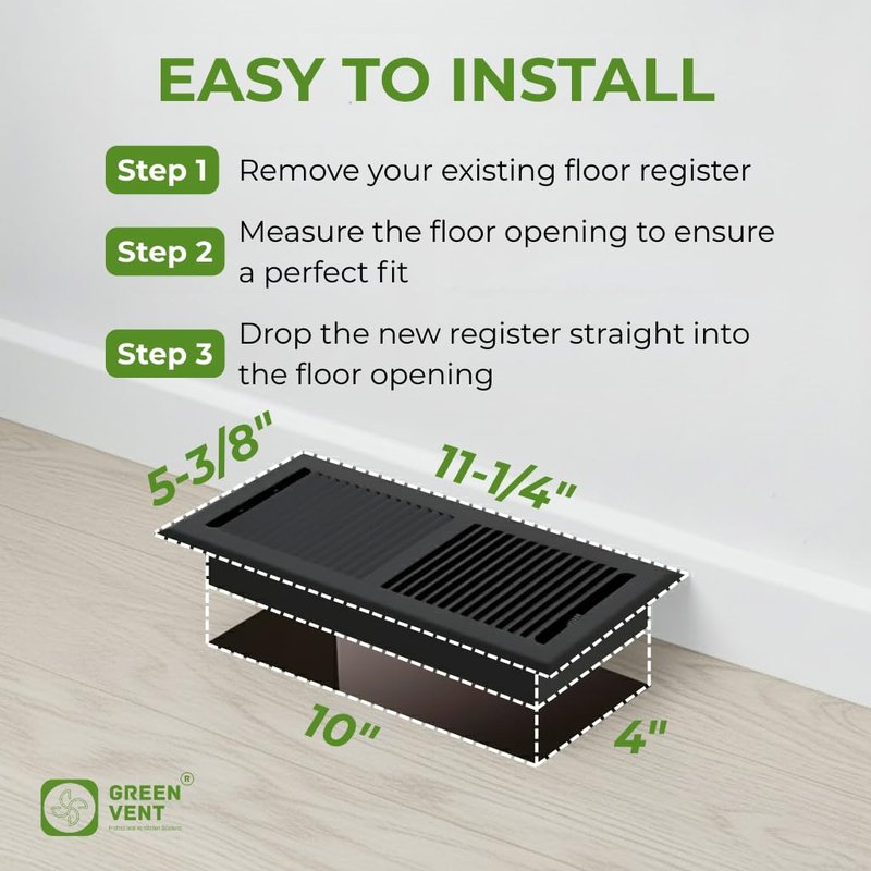GREEN VENT Floor Register 4x10, 2-Way Steel Vent Cover with Steel Damper, Walkable, Matte Black, Includes Vent Cover Trap