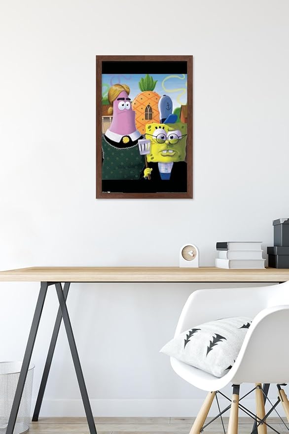 Trends International Nickelodeon Spongebob - American Gothic Wall Poster, 14.725" x 22.375", Mahogany Framed Version