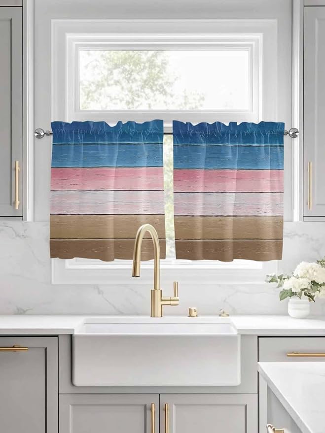 Blue Pink Brown Gradient Wood Grain Window Valance Curtains, Vintage Wood Board