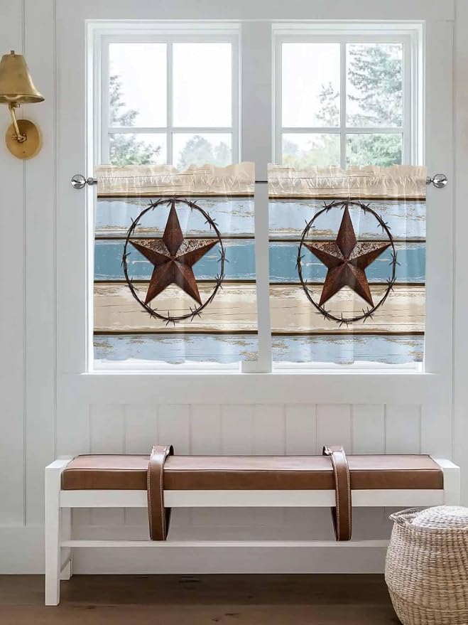 Vintage Western Star on Wood Grain Window Valance Curtains, Retro Wooden