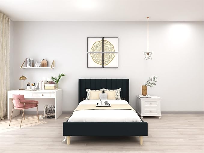 Low Profile Upholstered Platform Bed,Full Beds with Black(Linen)
