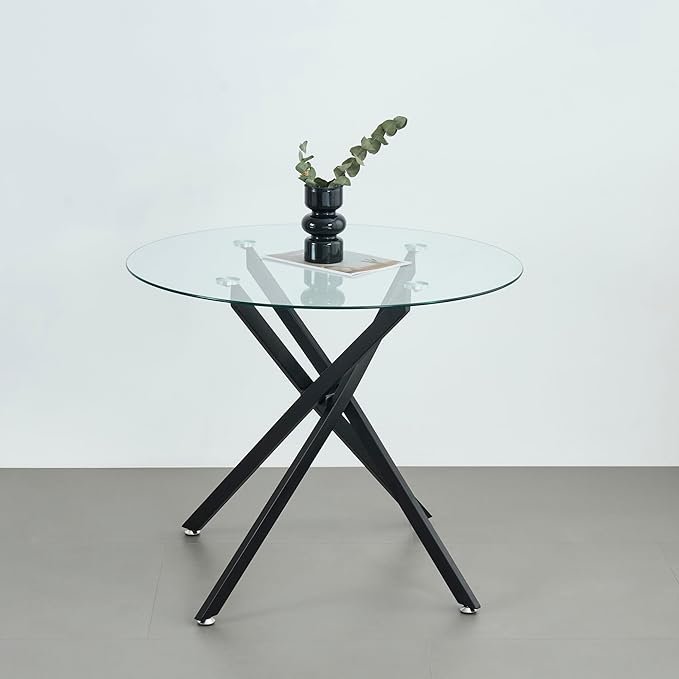 36" Round Glass Dining Table Modern Kitchen Glass Top Table for 4 with Black Metal Legs, Clear Dining Table Kitchen Table for Home Office Dining Room