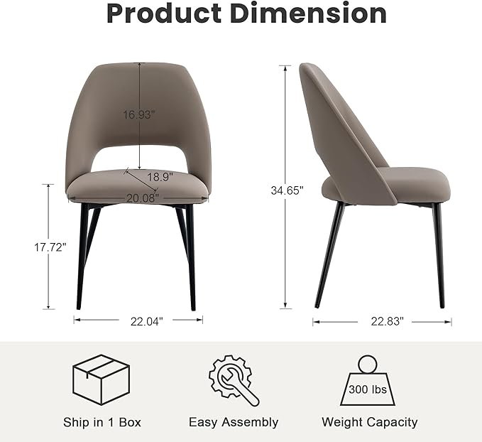 Rowill Dining Chairs Set of 6, Mordern Upholstered Faux Leather Dining Room Chairs, Kitchen Side Chairs with Metal Legs for Guest Reception Waiting Living Room, Khaki