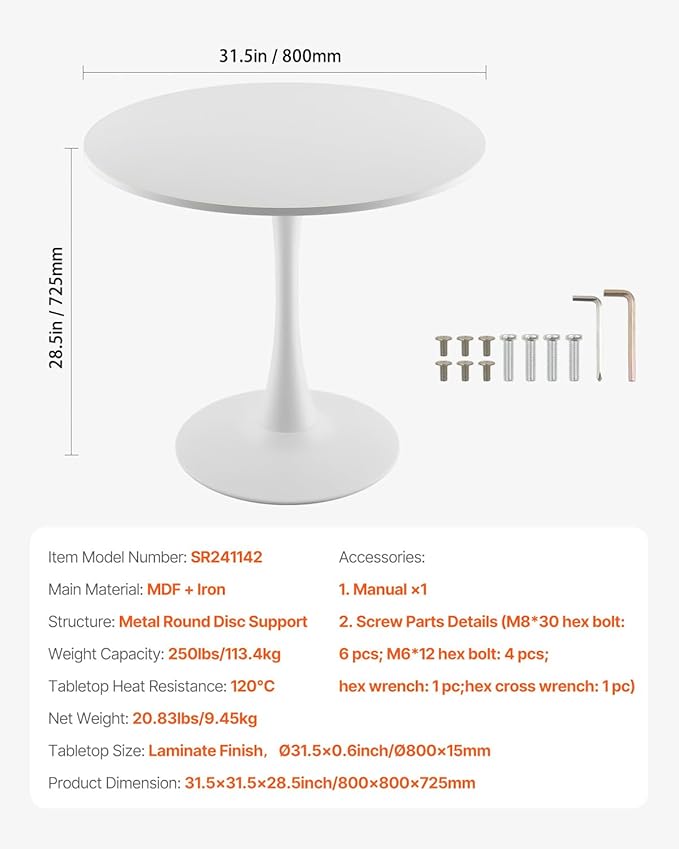 VEVOR Round Dining Table, 31.5 in Wood Table for 2-4 Person, Modern Circle Furniture, Leisure Coffee Office Tables with Pedestal Base in Tulip Design, for Home Kitchen Living Room, White(Only Table)
