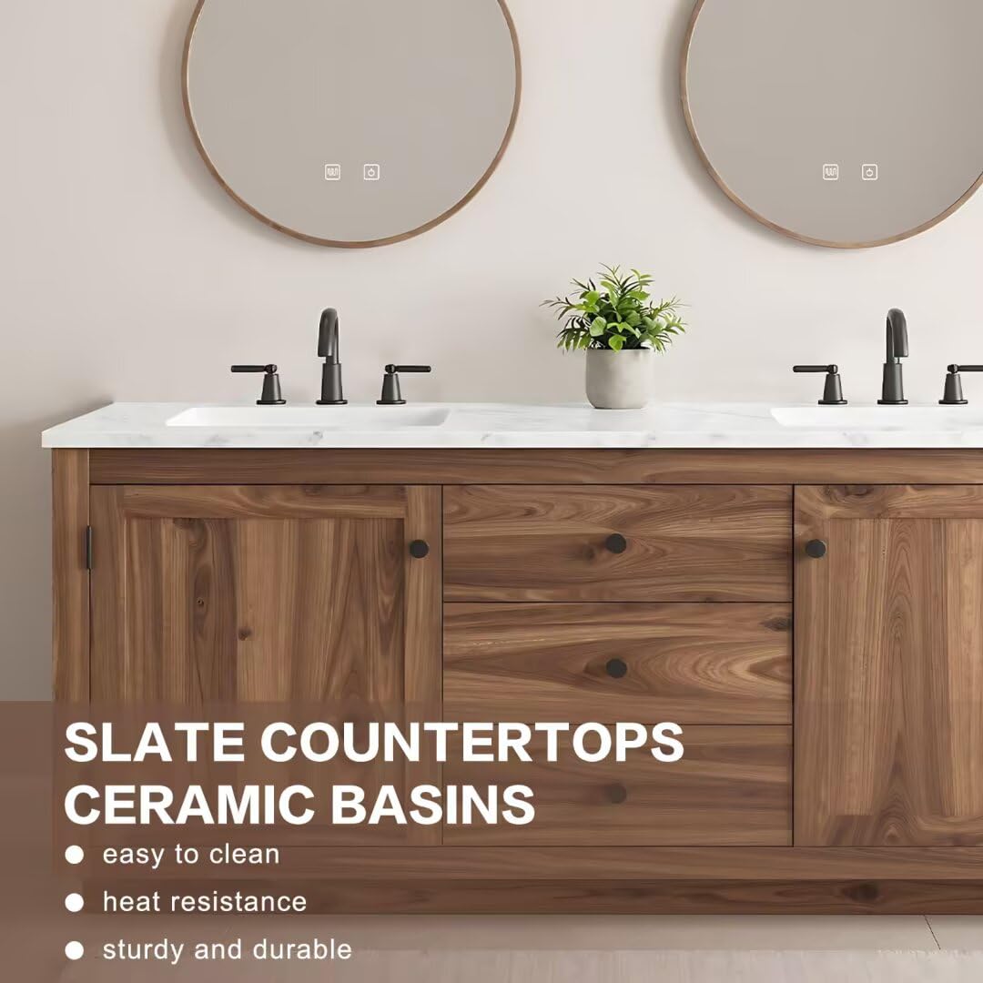 High QLO 80IN Bathroom Vanity - Modern Bathroom Vanity with Double Sink Includes Wood Grain Cabinet & Textured Countertop | American Retro Style,Round Smart Defogging Mirror