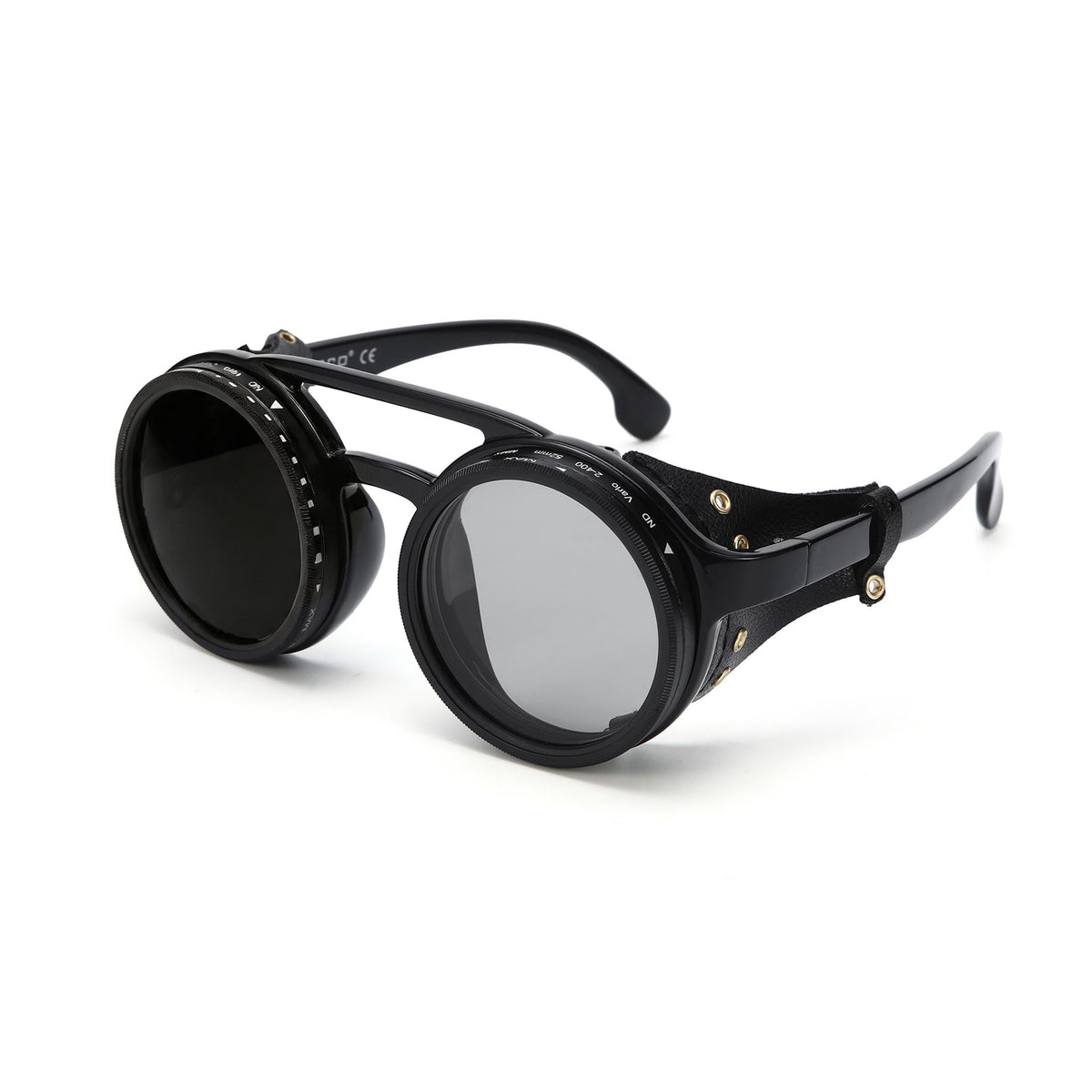 Adjustable Tint Sunglasses, 9-Level Manual Dimming, Polarized UV Protection, Detachable Leather Side Shields, Round Steampunk Style, Ideal for Hiking, Mountaineering, Glacier Travel, and Fishing