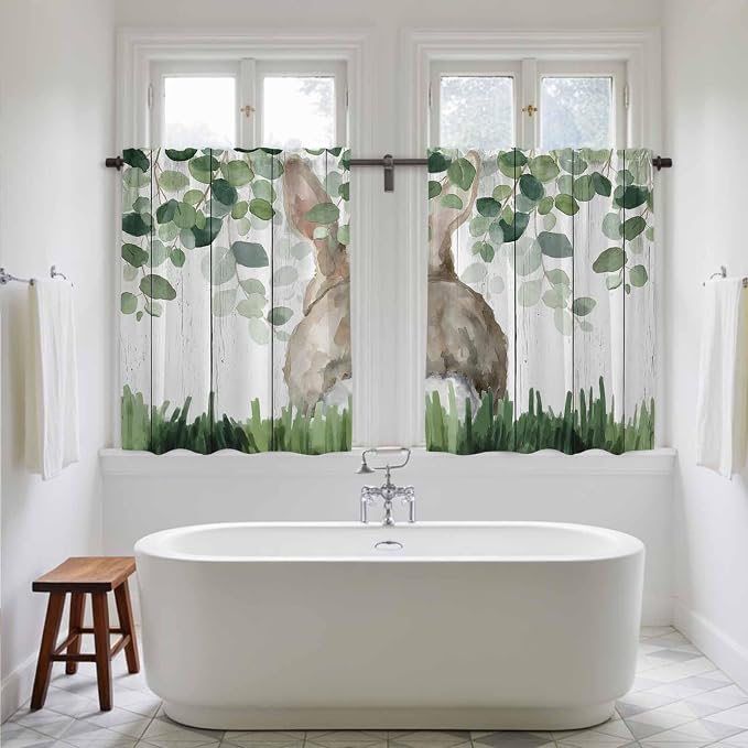 Easter Kitchen Curtains, Country Rabbit Botanical Leaves Wooden Grain Light