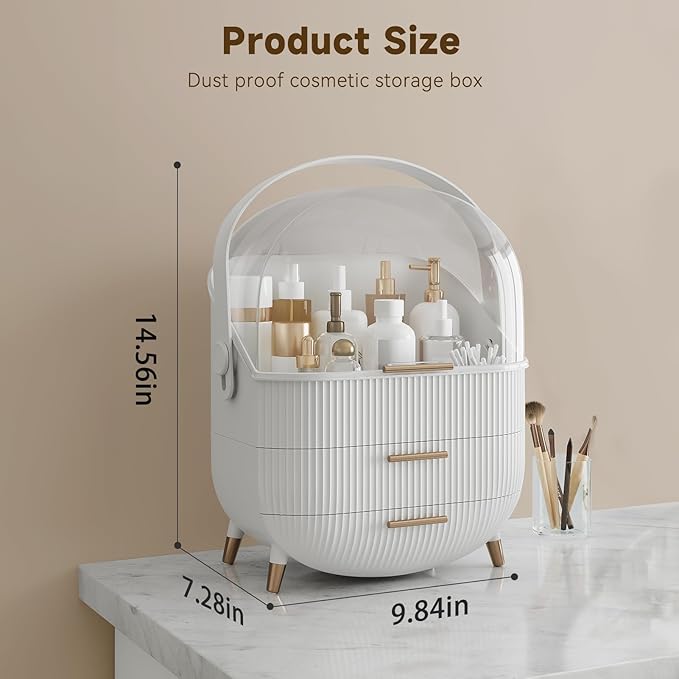 Makeup Organizers, Make Up Organizers for Vanity, Countertop Cosmetic Storage with Drawers and Transparent Cover for Bedroom Bathroom(White)
