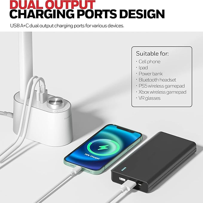 Honeywell LED Desk Lamp - Sunturalux Desk Lamps for Home Office with USB A+C Charging Ports, 3 Color Modes Stepless Dimmable Eye-Caring Foldable Desk Light for Bedroom Table Reading Study(White)