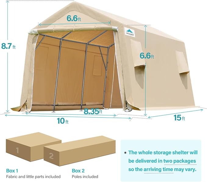 ADVANCE OUTDOOR 10x15 ft Shelter Storage Shed Steel Metal Peak Roof Portable Garage Carports for Motorcycle, Boat or Garden Tools with 2 Roll up Doors & Vents, Beige