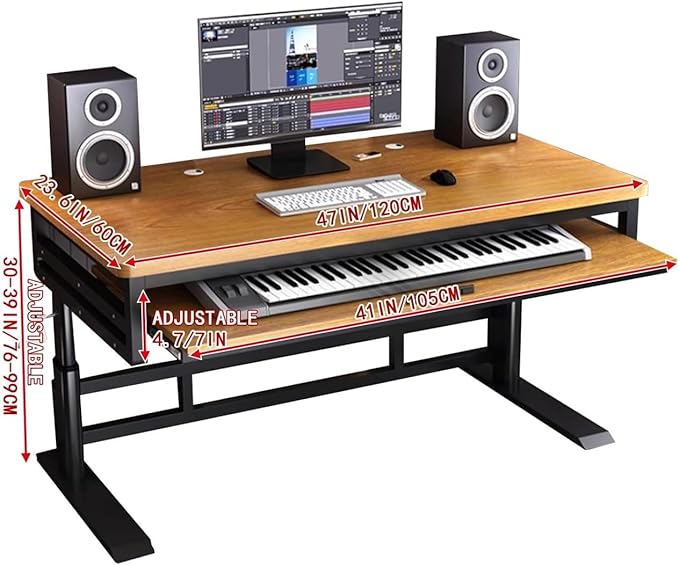 Studio Desk with Keyboard Tray | Hand-Crank Adjustable Standing Desk Workstation for Music Production, Cable Management, MIDI Keyboard Shelf (Natural, 47in)
