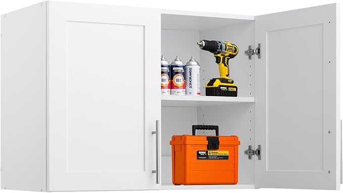 Prepac Elite 24" H Wall Cabinet with Panel Doors, White Storage Cabinet, Bathroom Cabinet, Pantry with 1 Adjustable Shelf 16.75" D x 32" W x 24" H, WSUR-1002-1