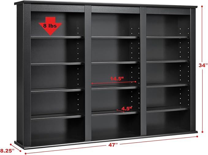 Prepac 3 Column Display Cabinet, Black Storage Cabinet with 12 Adjustable Shelves, Wall DVD Storage for Living Room 8.25" D x 47" W x 34" H