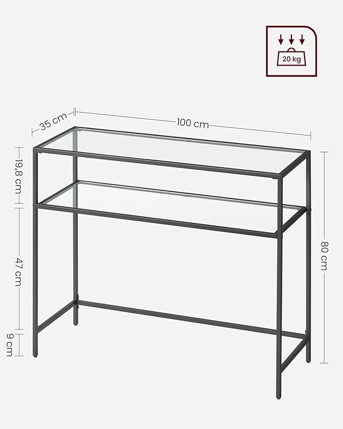 VASAGLE 39.4 Inch Console Sofa Table, Modern Entryway Table, Tempered Glass Table, Metal Frame, 2 Shelves, Adjustable Feet, for Living Room, Hallway, Black ULGT025B01