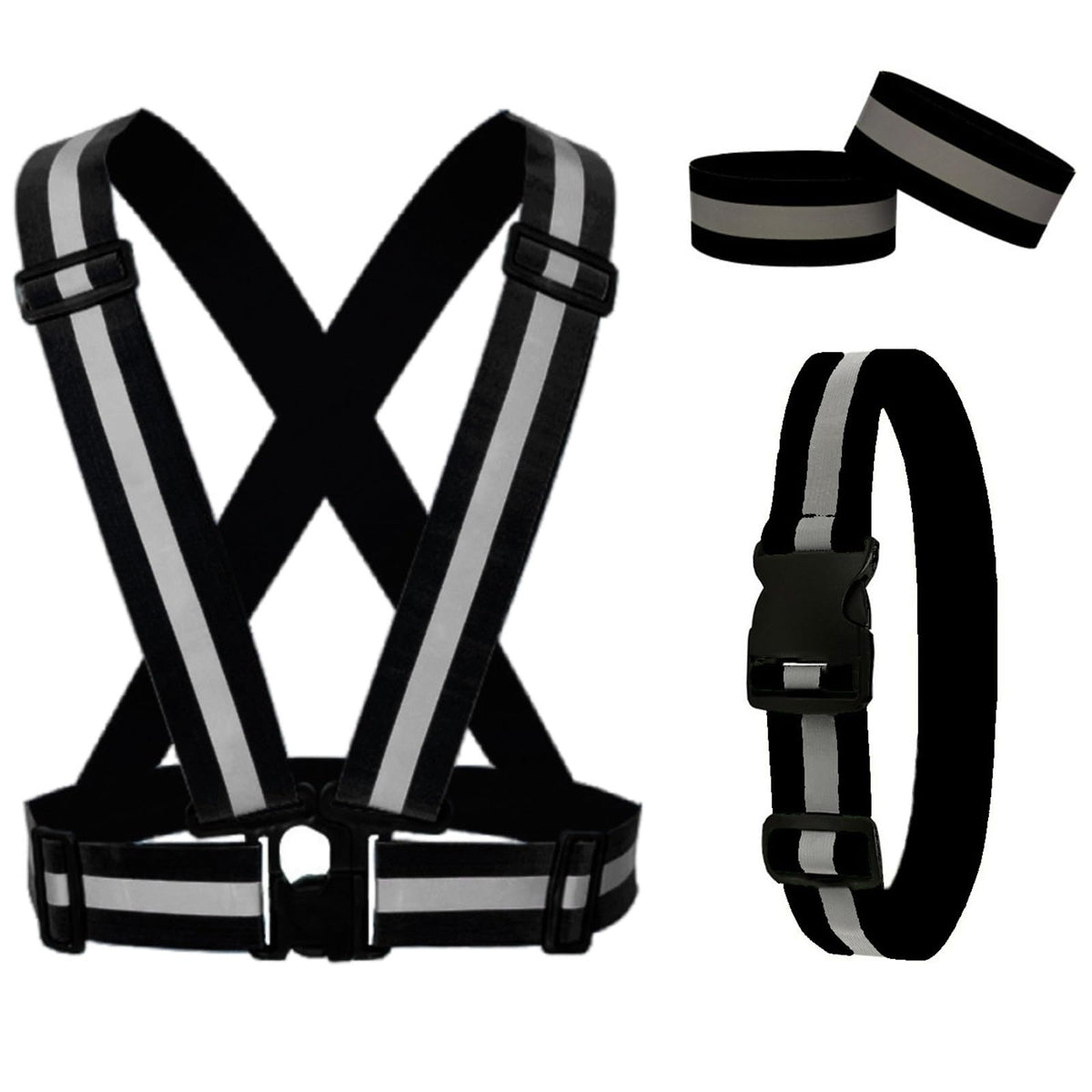 RUISHYY Reflective Running Gear Reflective Vest & Reflective Armband & Reflective Belt 3 Pcs Set, High Visibility Reflective Gear Night Cycling Walking Safety Vest Straps for Men Women Kids (Black)