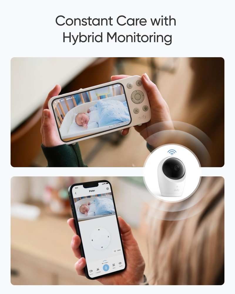 eufy Baby Monitor E20, 2K Resolution, 5'' 720p Display, Hybrid Connection, Wi-Fi & No Wi-Fi Control, Pan-Tilt, 4× Zoom, Night Vision, Built-in Battery Camera, ANR, Smart Alerts, 24/7 Recording