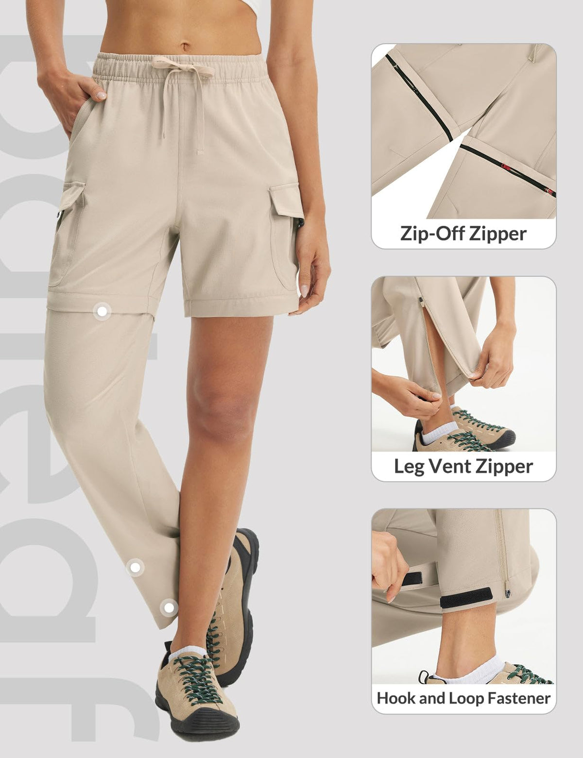 baleaf Women's Hiking Pants 29'' Convertible Zip-Off Pants with 6 Pockets Water Resistant Lightweight Quick Dry UPF 50+ Khaki L