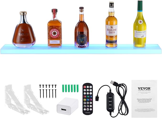 VEVOR LED Lighted Liquor Bottle Display, 1 Tier 40 Inch Wall Mounted Whiskey Rack Stand, 1 Step Commercial Illuminated Home Bar Shelf, Acrylic Drinks Light Shelves with RF Remote & App Control